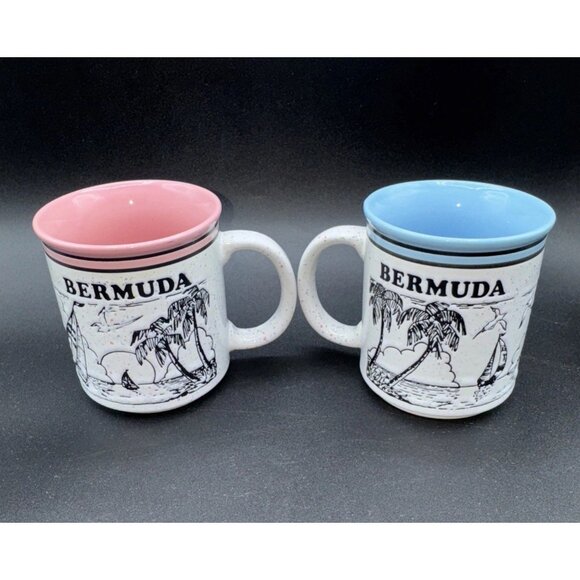 Bermuda Speckled souvenir mugs with palm trees  Pink/Blue - Picture 1 of 4